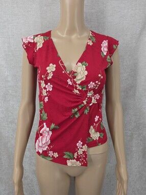 Y2K Wild Cat Cherry Red Floral Fauxl Wrap Front Blouse Top